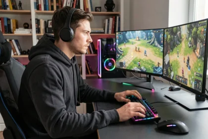 Joueur adulte concentré devant un setup gaming moderne avec double écran en 2026, illustrant les avantages du gaming en ligne