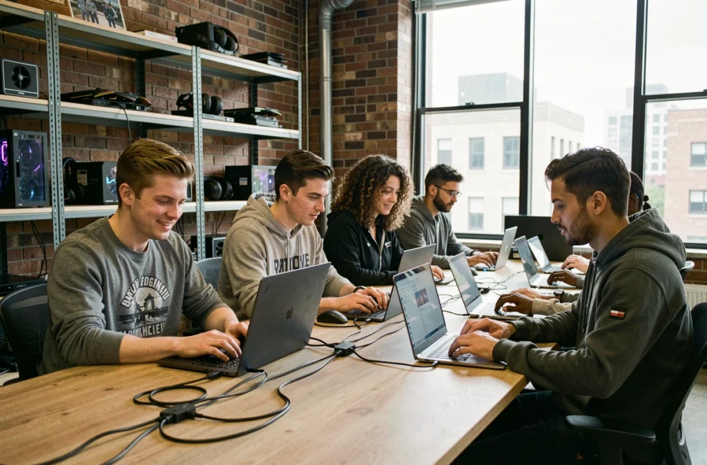 Groupe de joueurs adultes réunis autour d'une table dans un espace LAN moderne en ville, illustrant les avantages sociaux et communautaires du gaming en 2026