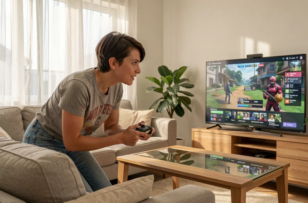 Jeune femme jouant à un jeu en ligne sur grand écran dans un salon cosy, représentant les bénéfices du gaming en 2026