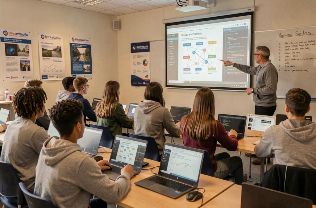 Étudiants en formation DevOps et cybersécurité dans une salle de cours du Campus CCI Normandie