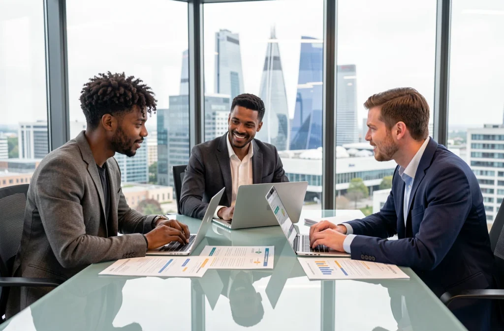 Équipe de consultants Capgemini analysant des frameworks de cybersécurité dans un bureau moderne de La Défense