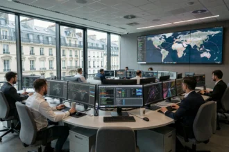 Centre opérationnel de cybersécurité à Paris avec analystes devant des écrans de surveillance de menaces
