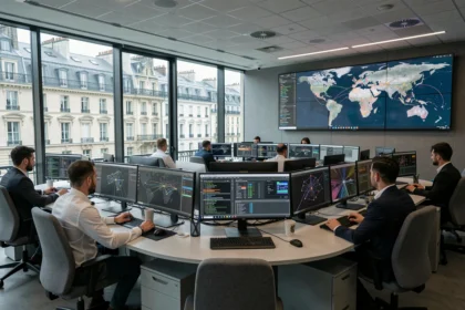 Centre opérationnel de cybersécurité à Paris avec analystes devant des écrans de surveillance de menaces