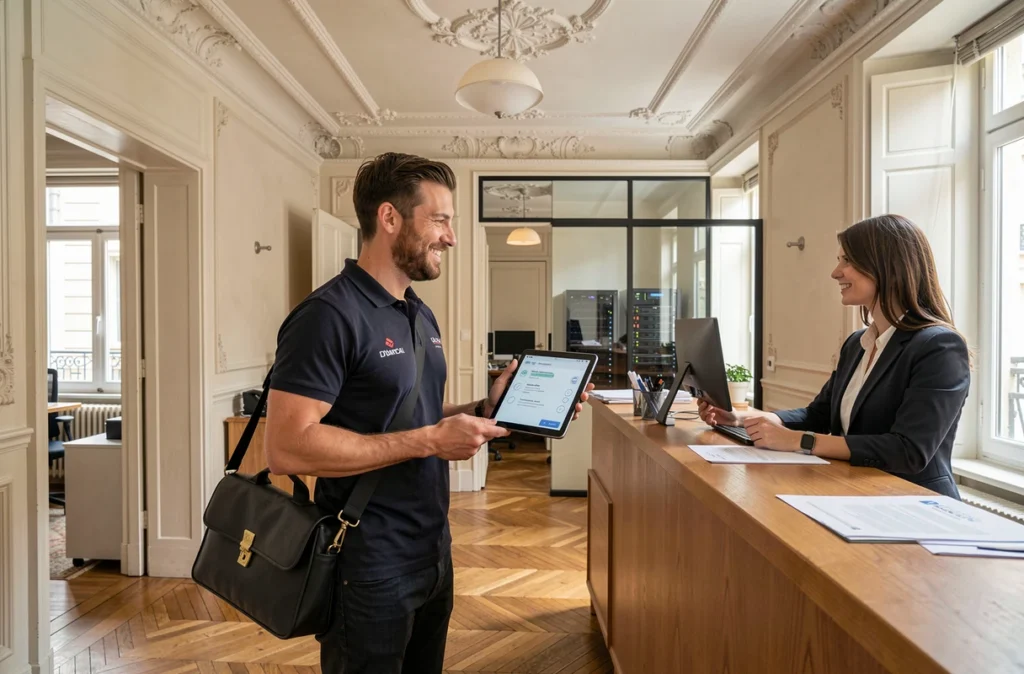 Technicien informatique de proximité Easy Service Informatique arrivant dans une PME parisienne avec tablette de diagnostic réseau