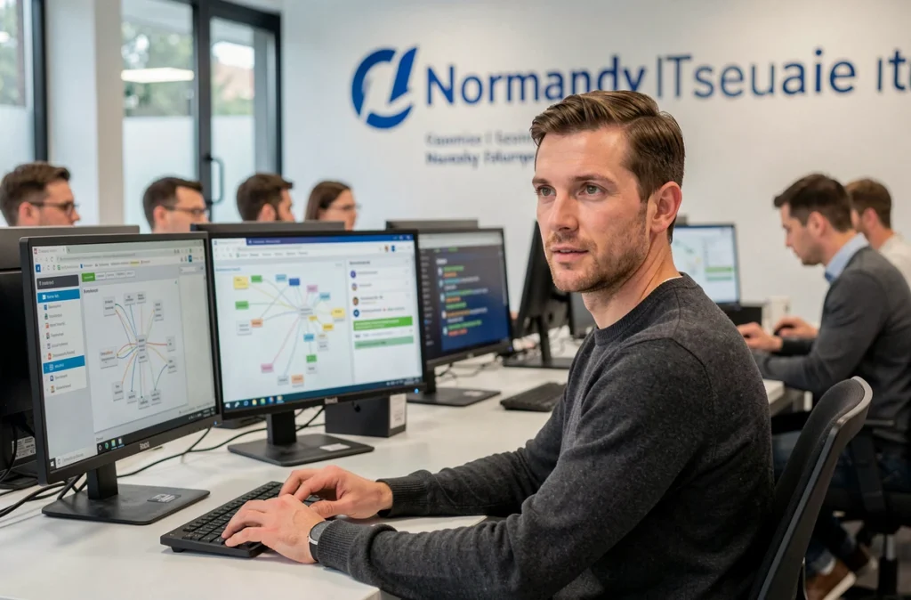 Ingénieur support IT de Fayat IT gérant des tickets d'assistance technique depuis son poste en Normandie