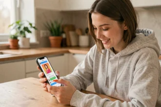 Jeune femme souriant en envoyant un GIF par SMS depuis son smartphone dans une cuisine moderne