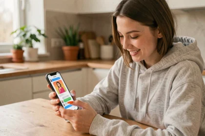 Jeune femme souriant en envoyant un GIF par SMS depuis son smartphone dans une cuisine moderne