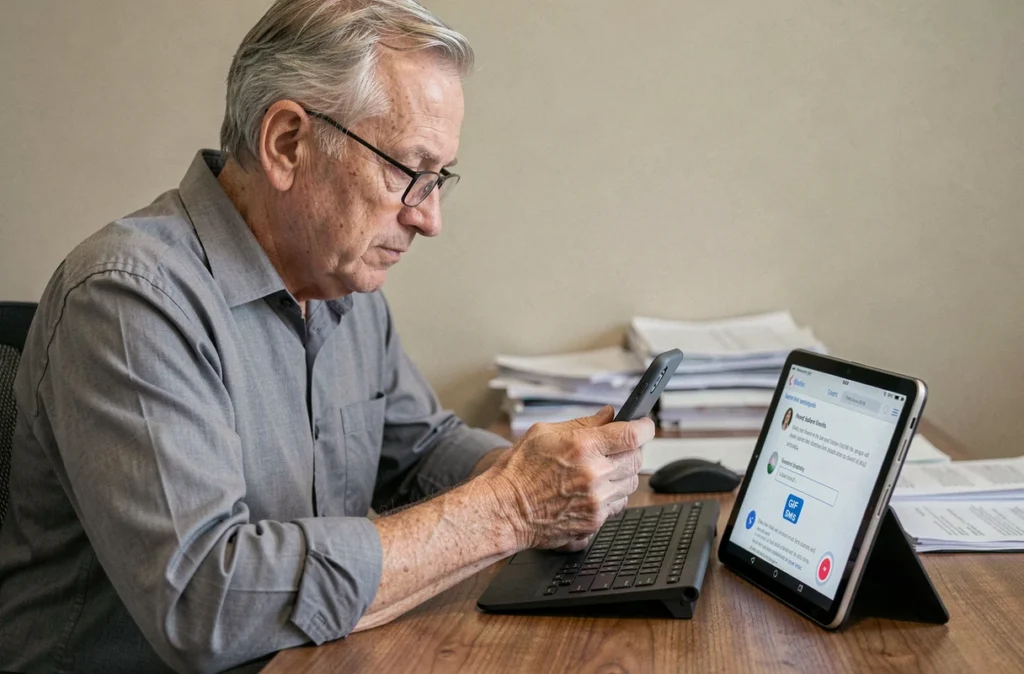 Homme d'âge mûr apprenant à envoyer un GIF par SMS en suivant des instructions étape par étape sur une tablette