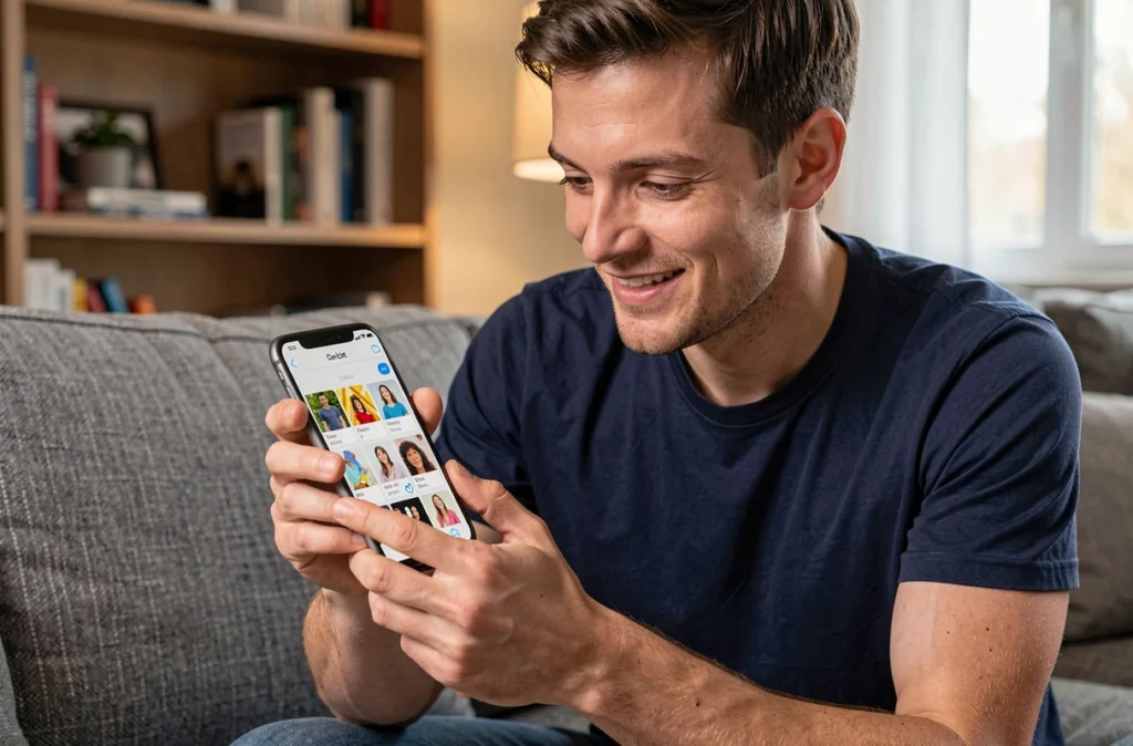 Homme utilisant le sélecteur de GIF dans une application de messagerie SMS sur son smartphone