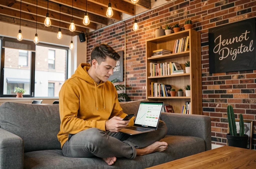 Responsable marketing digital de Jeunot Digital travaillant sur une campagne Shopify dans un espace de travail créatif et décontracté