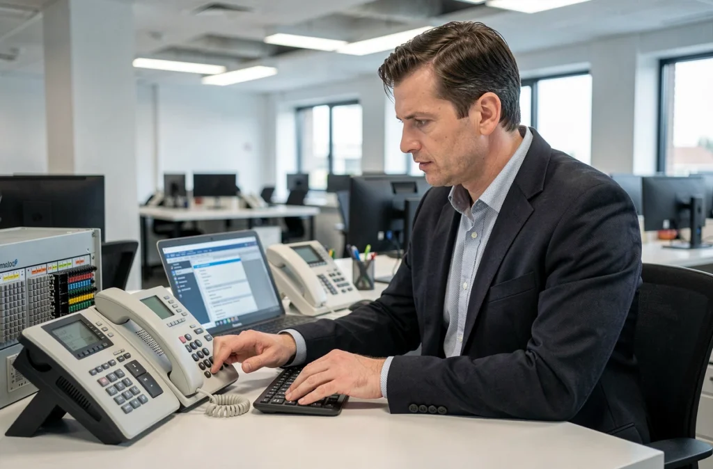 Technicien de Kerphones configurant un système téléphonique VoIP dans une entreprise de l'Eure