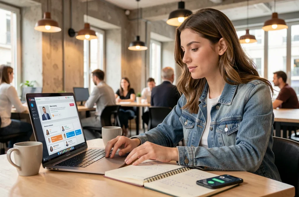 Experte cybersécurité freelance consultant la plateforme Kicklox dans un espace de coworking parisien