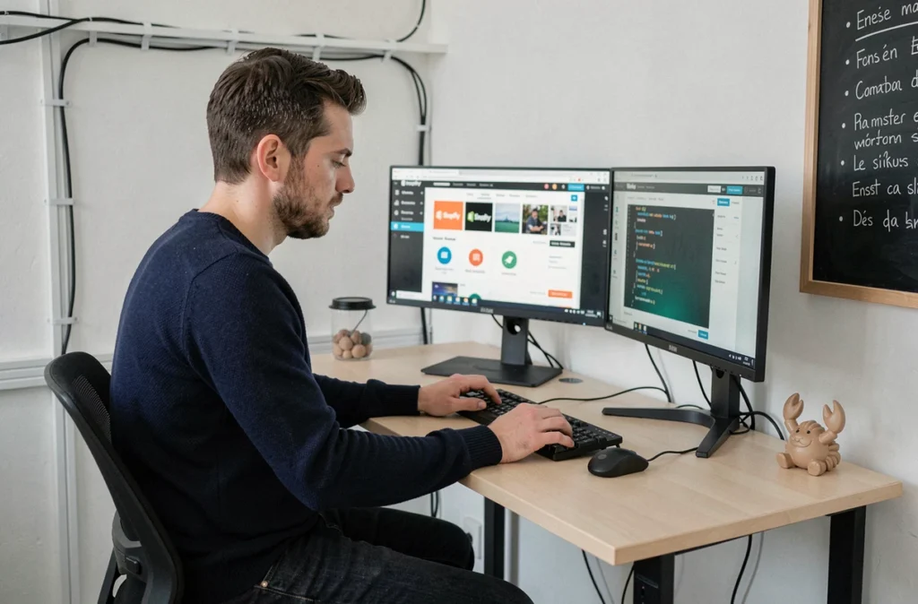 Développeur web de l'agence LobsTTer travaillant sur une interface Shopify dans un bureau minimaliste avec décoration en forme de homard