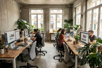 Vue d'ensemble d'une agence web moderne en Gironde spécialisée WordPress, avec des développeurs collaborant autour d'écrans affichant des interfaces WordPress