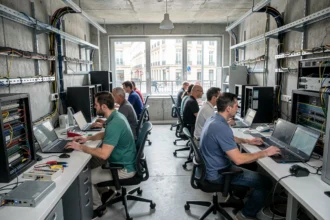 Vue d'ensemble d'un bureau de maintenance informatique professionnel dans l'Eure avec plusieurs techniciens au travail
