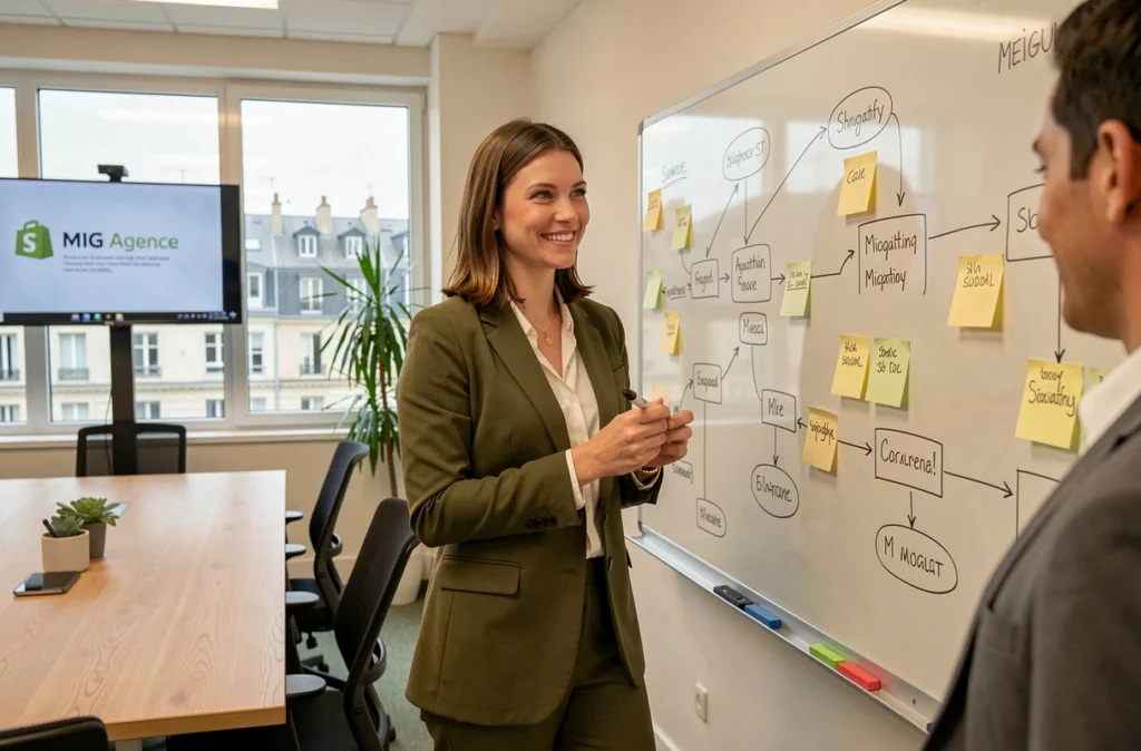 Chef de projet de MIG Agence présentant une stratégie Shopify sur un tableau en verre dans une salle de réunion professionnelle