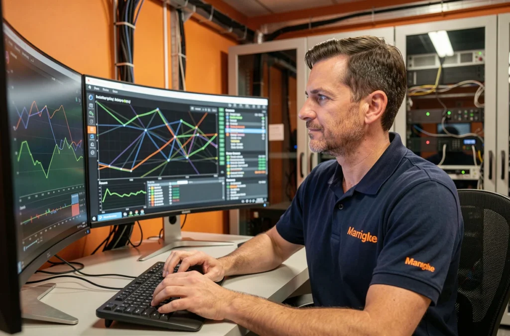 Analyste d'Orange Cyberdéfense travaillant dans un centre de sécurité managée avec des écrans de surveillance réseau