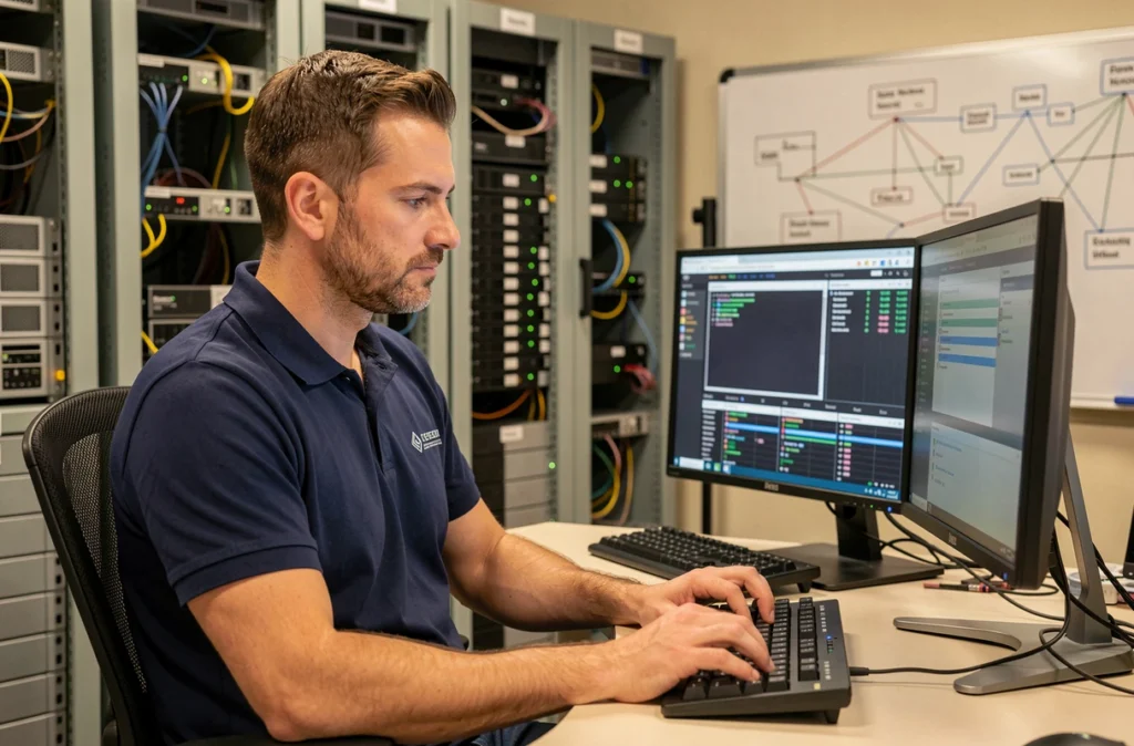 Technicien informatique de SD Informatique travaillant sur un poste de maintenance réseau à Évreux
