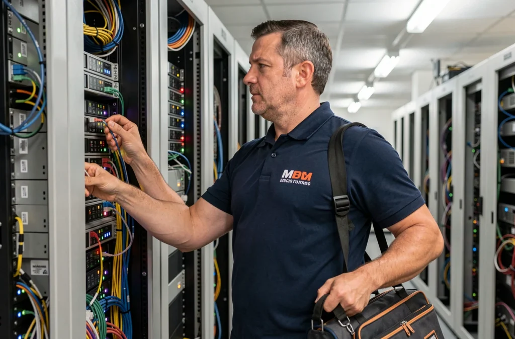 Technicien de Sea Informatique installant des équipements réseau dans une salle serveur dans l'Eure
