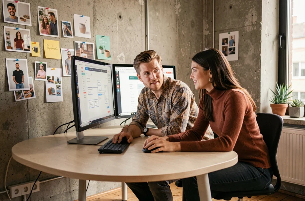 Deux designers UX de l'agence Spiriit collaborant sur la conception d'un thème Shopify dans un studio créatif avec moodboards colorés