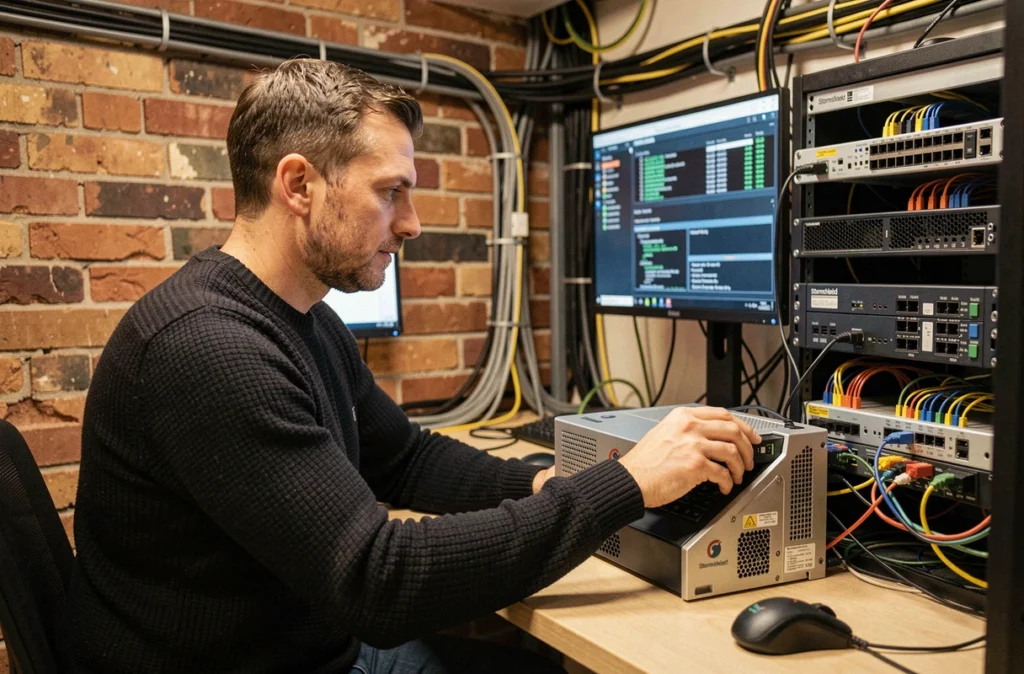 Ingénieur réseau configurant un pare-feu Stormshield dans un bureau tech français avec logs de sécurité sur l'écran
