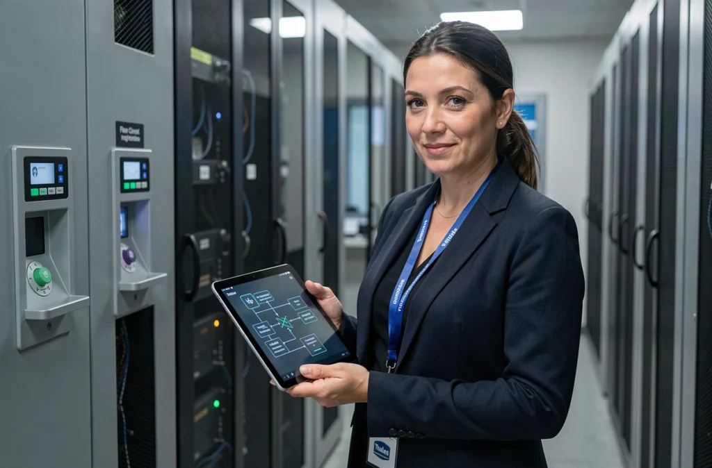 Ingénieure Thales devant une salle de serveurs sécurisés représentant la cybersécurité souveraine française
