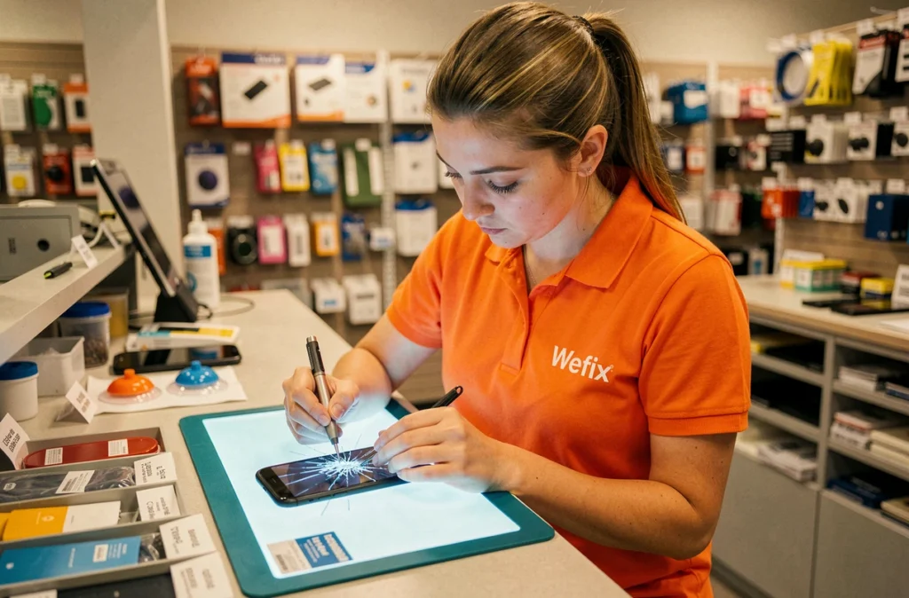 Technicienne Wefix remplaçant l'écran d'un smartphone sur un comptoir de réparation dans l'Eure
