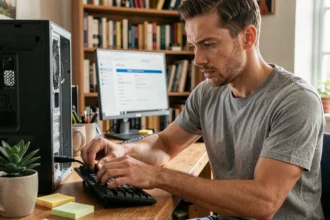 Homme débranchant un clavier USB d'un ordinateur de bureau pour le réinitialiser, dans un bureau à domicile