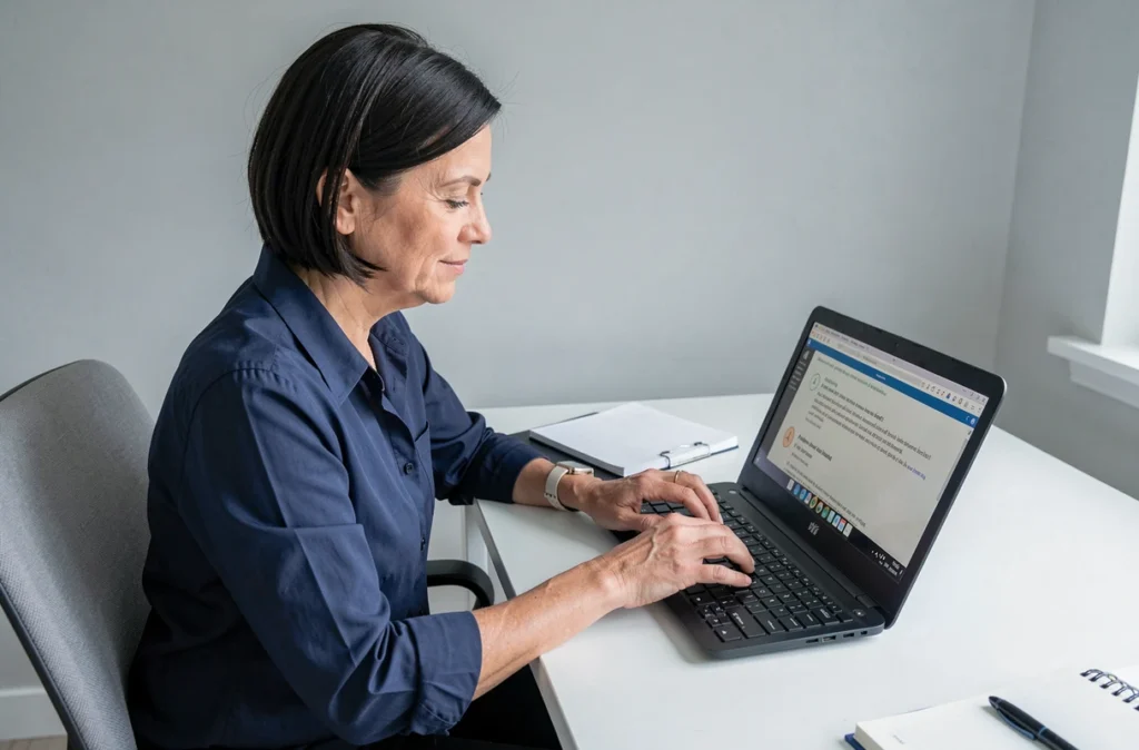 Femme débutante reconnectant un clavier USB à un ordinateur portable en suivant un tutoriel étape par étape